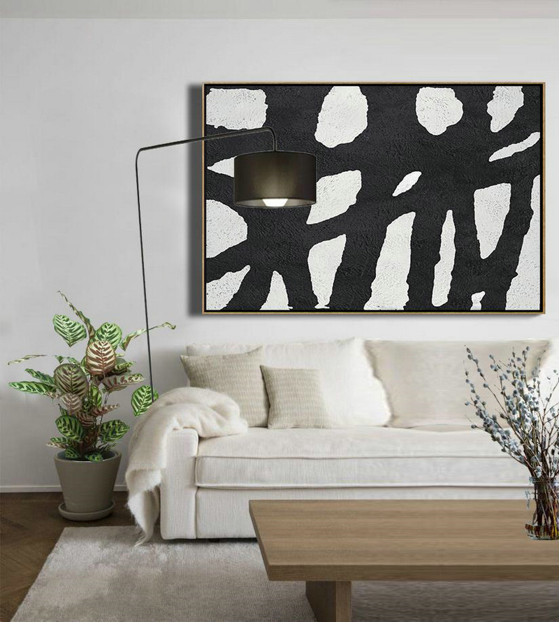Acrylic Painting On Canvas,Oversized Horizontal Minimal Art On Canvas, Black And White Minimalist Painting - Abstract Oil Painting